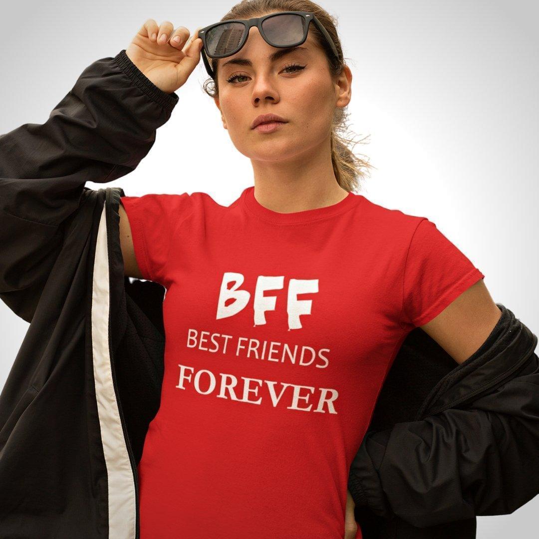 Printed Graphic T Shirt For Women In Red Colour - BFF Best Friends Forever Variant