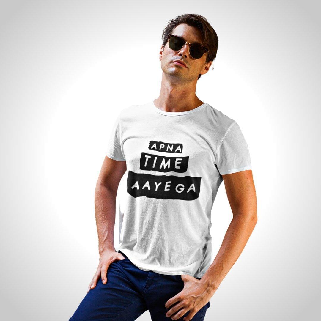 Printed Graphic T Shirt For Men In White Colour - Apna Time Ayega Variant