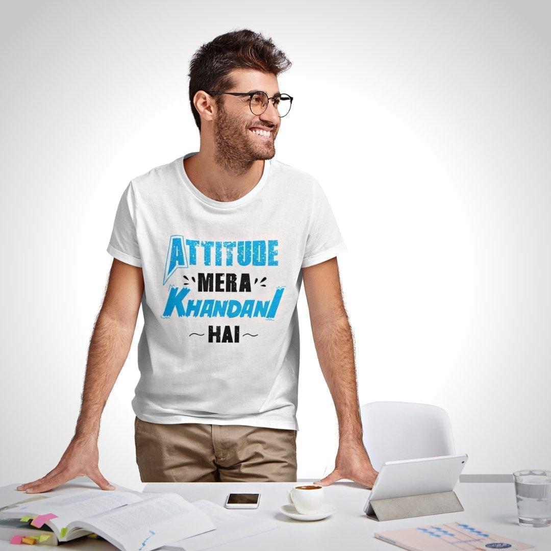 Printed Graphic T Shirt For Men In White Colour - Attitude Mera Khandani Hain Variant