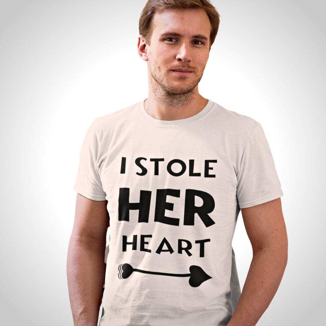 Printed Graphic T Shirt For Men In White Colour -  I Stole Her Heart Variant