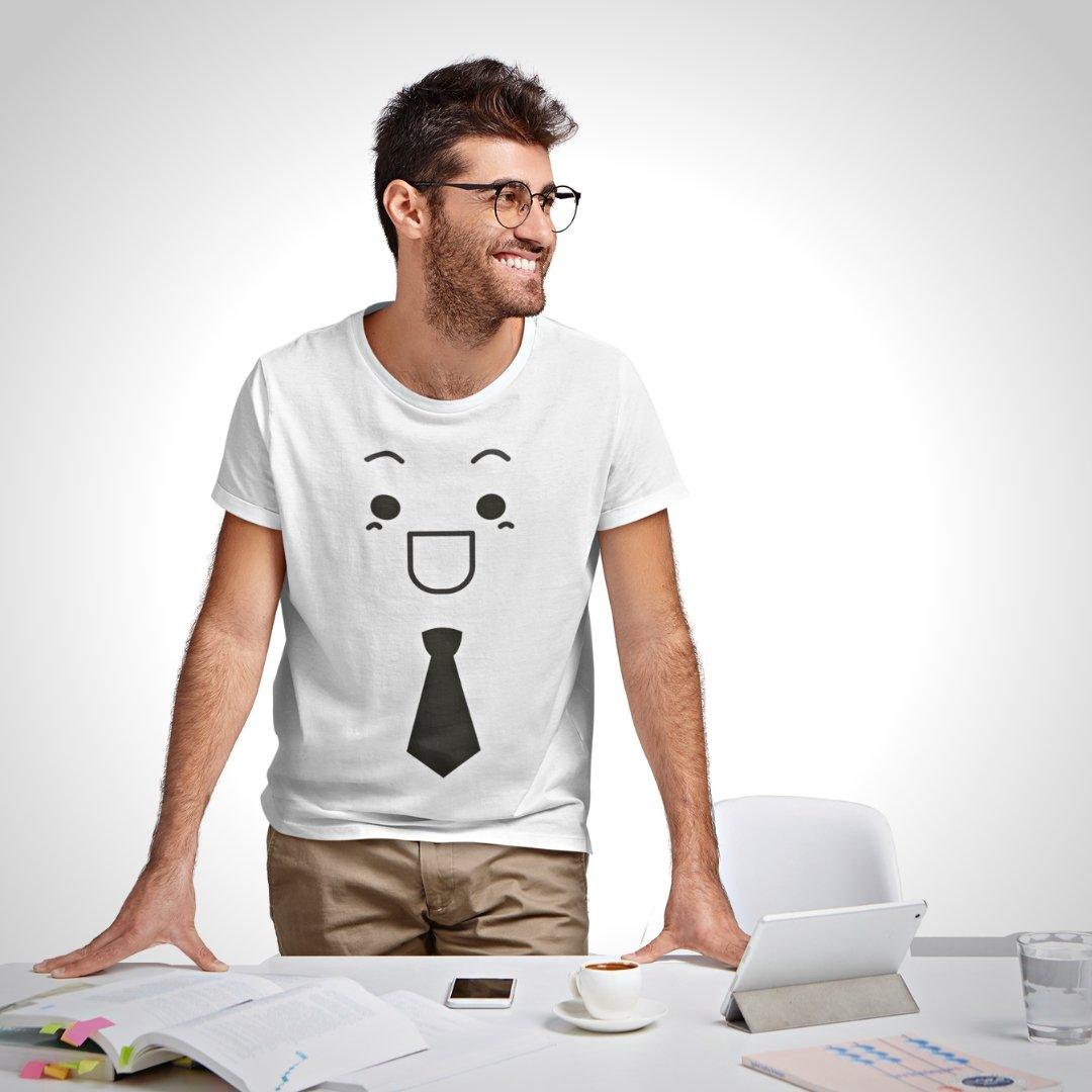 Printed Graphic T Shirt For Men In White Colour - Smiling Face Emoji Tie Variant