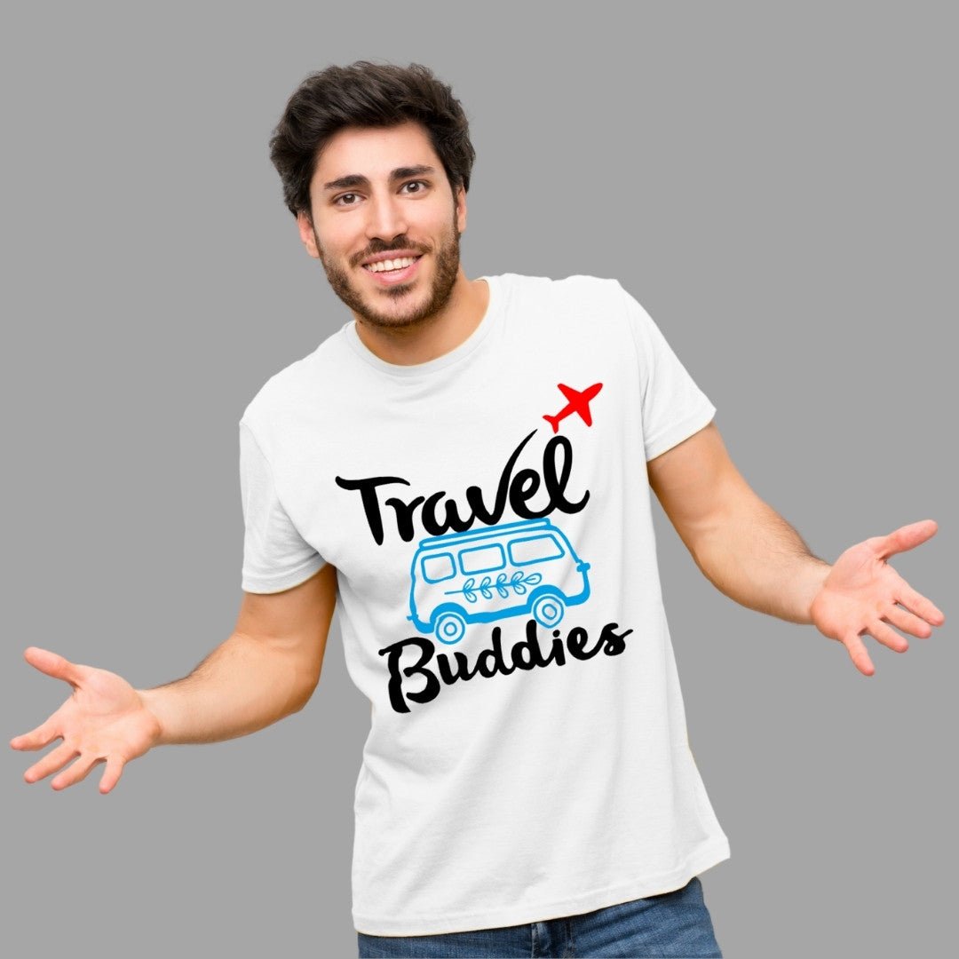 Printed Graphic T Shirt For Men In White Colour - Travel Buddies Variant