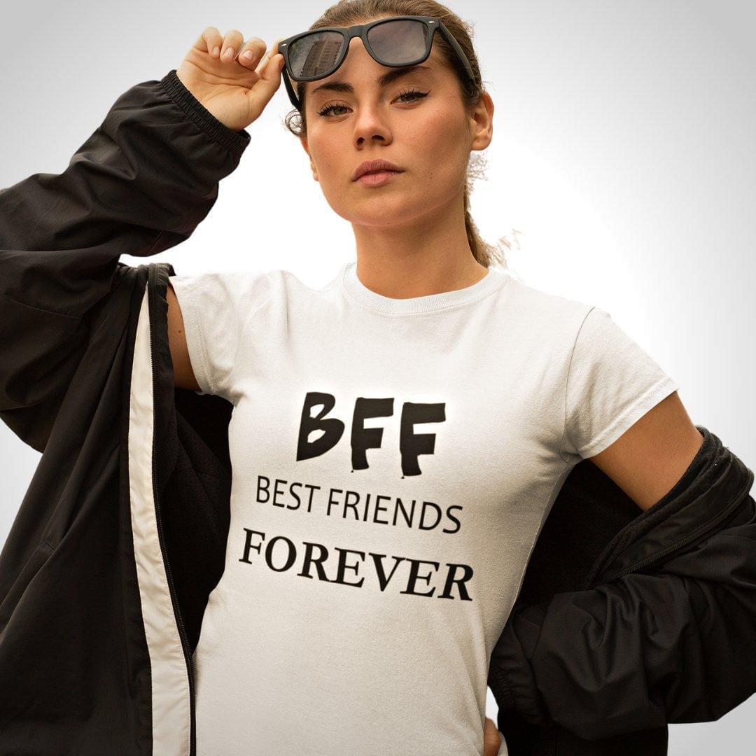 Printed Graphic T Shirt For Women In White Colour - BFF Best Friends Forever Variant
