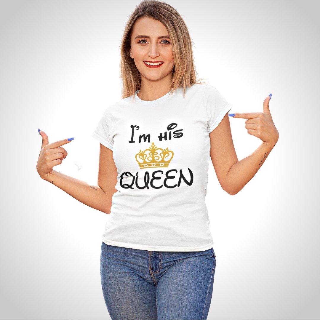 Printed Graphic T Shirt For Women In White Colour - I Am His Queen Golden Crown Variant