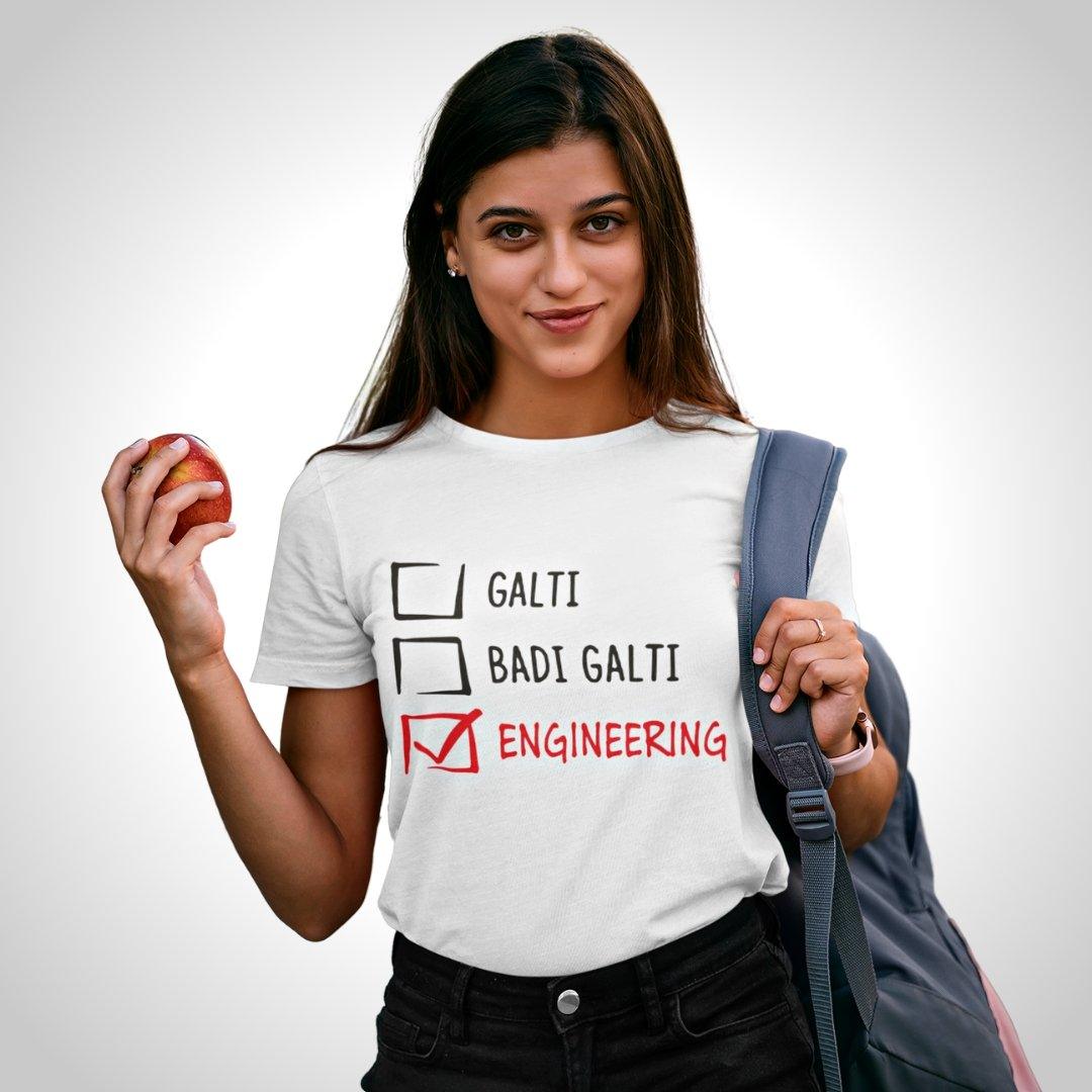 Printed Graphic T Shirt For Women In White Colour - Sabse Badi Galti Engineering Variant