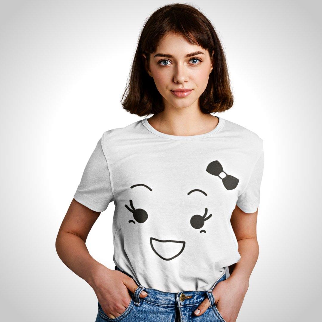 Printed Graphic T Shirt For Women In White Colour - Smiling Face Emoji Tie Variant
