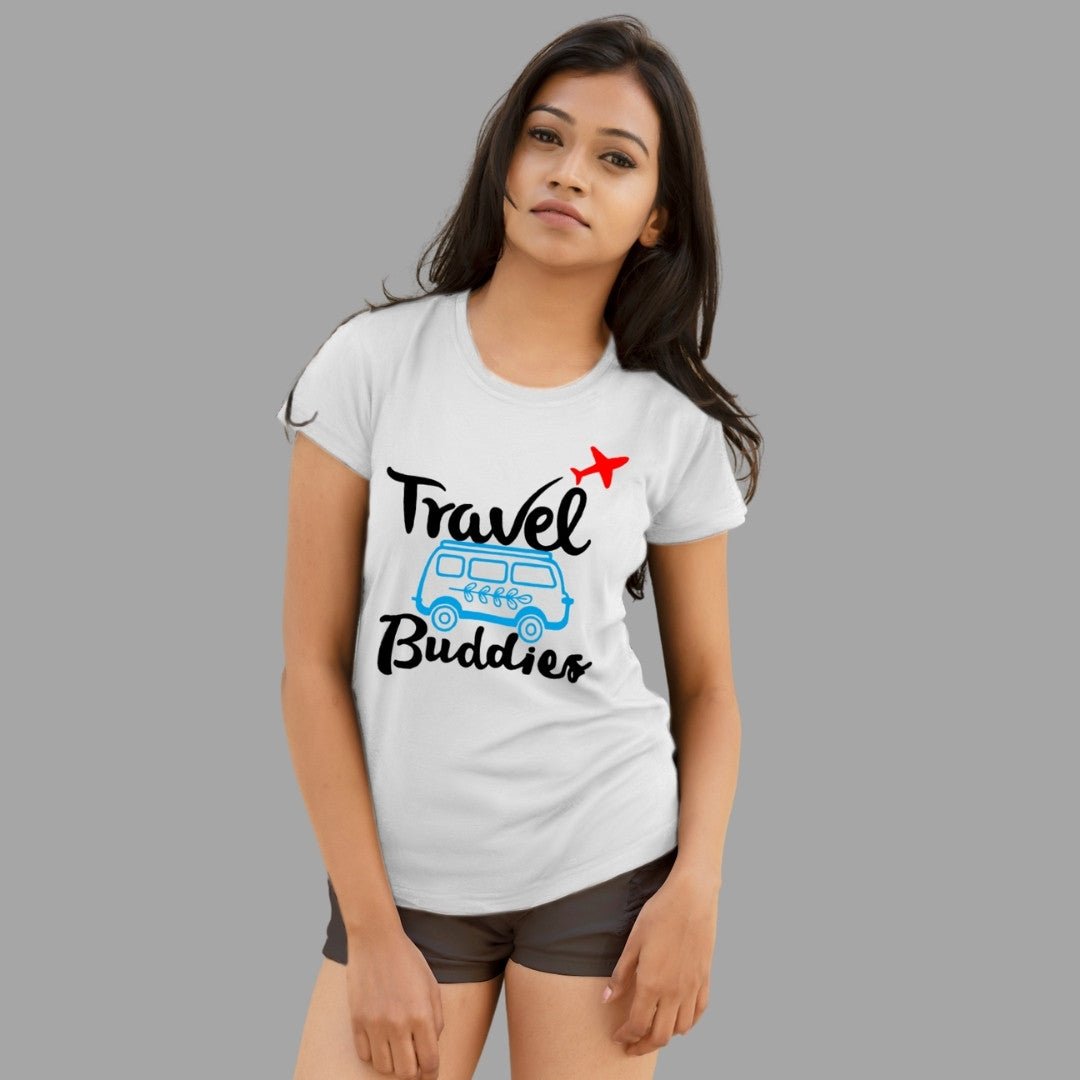 Printed Graphic T Shirt For Women In White Colour -Travel Buddies Variant