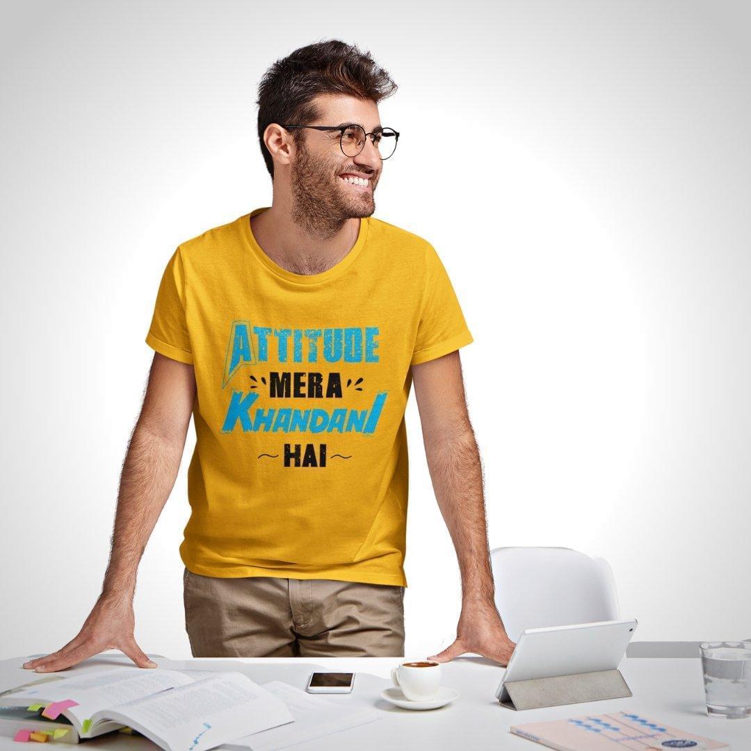 Printed Graphic T Shirt For Men In Yellow Colour - Attitude Mera Khandani Hain Variant