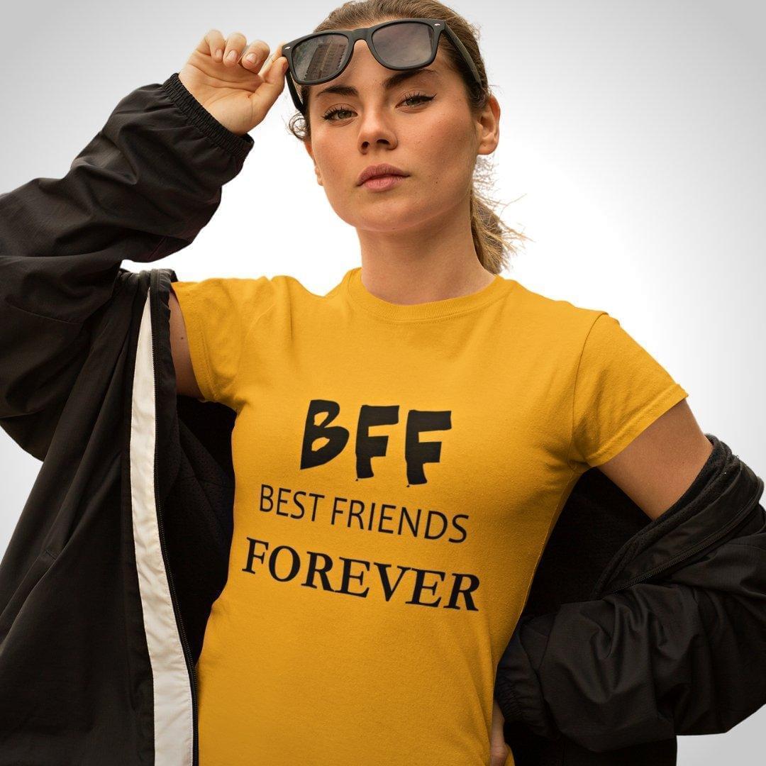 Printed Graphic T Shirt For Women In Yellow Colour - BFF Best Friends Forever Variant