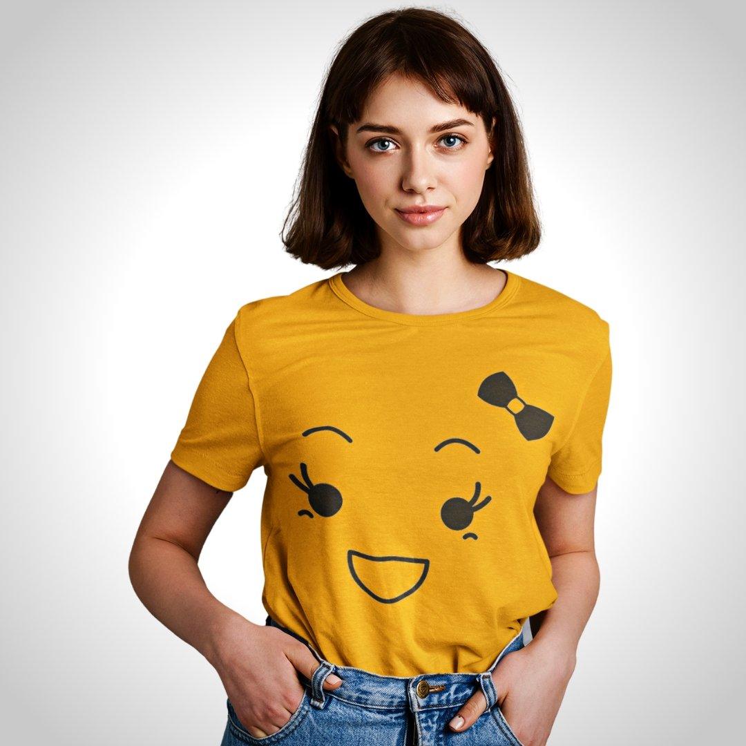 Printed Graphic T Shirt For Women In Yellow Colour - Smiling Face Emoji Tie Variant