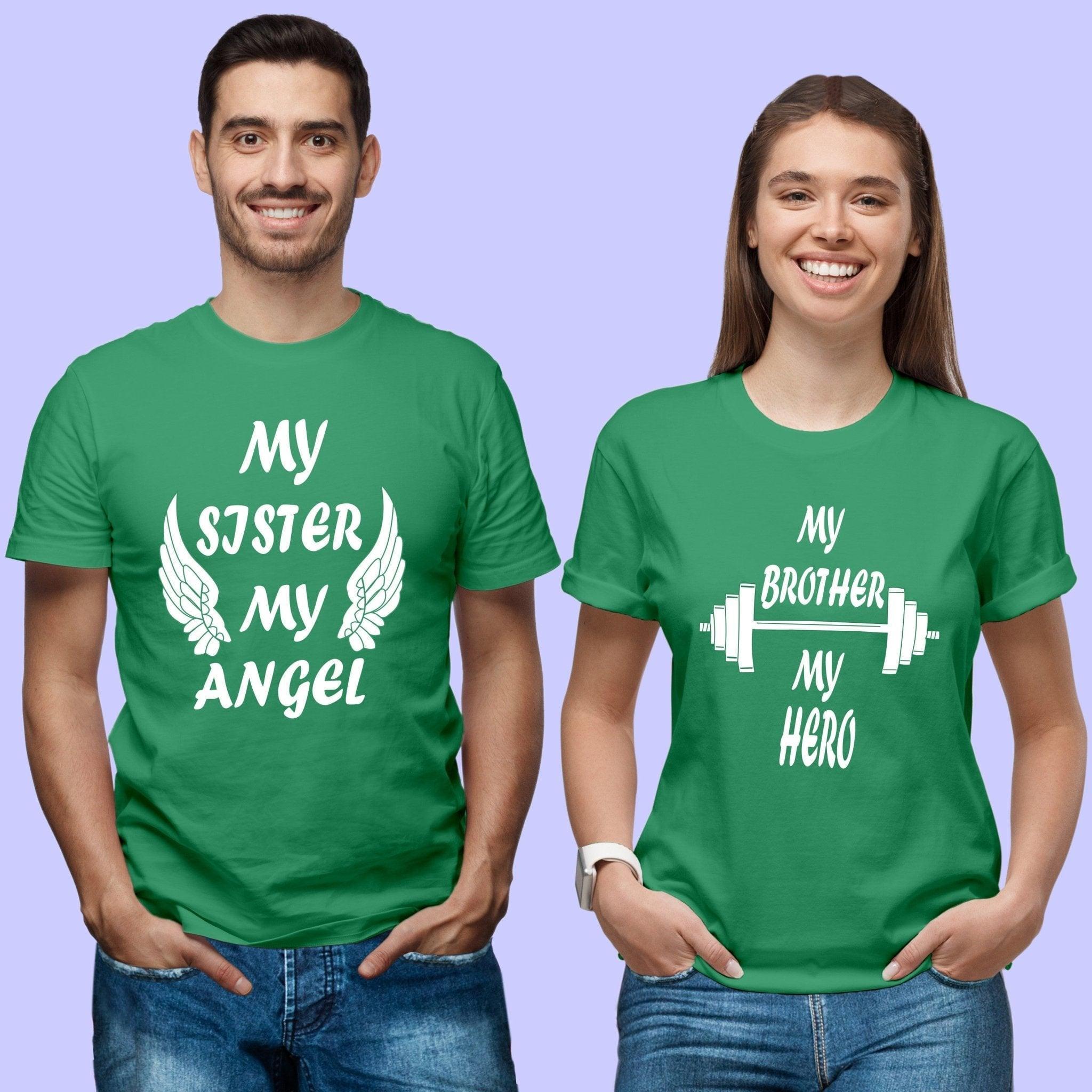 Sibling T Shirt for Adult Brother and Sister in Green Colour - My Sister My Angel My Brother My Hero Variant