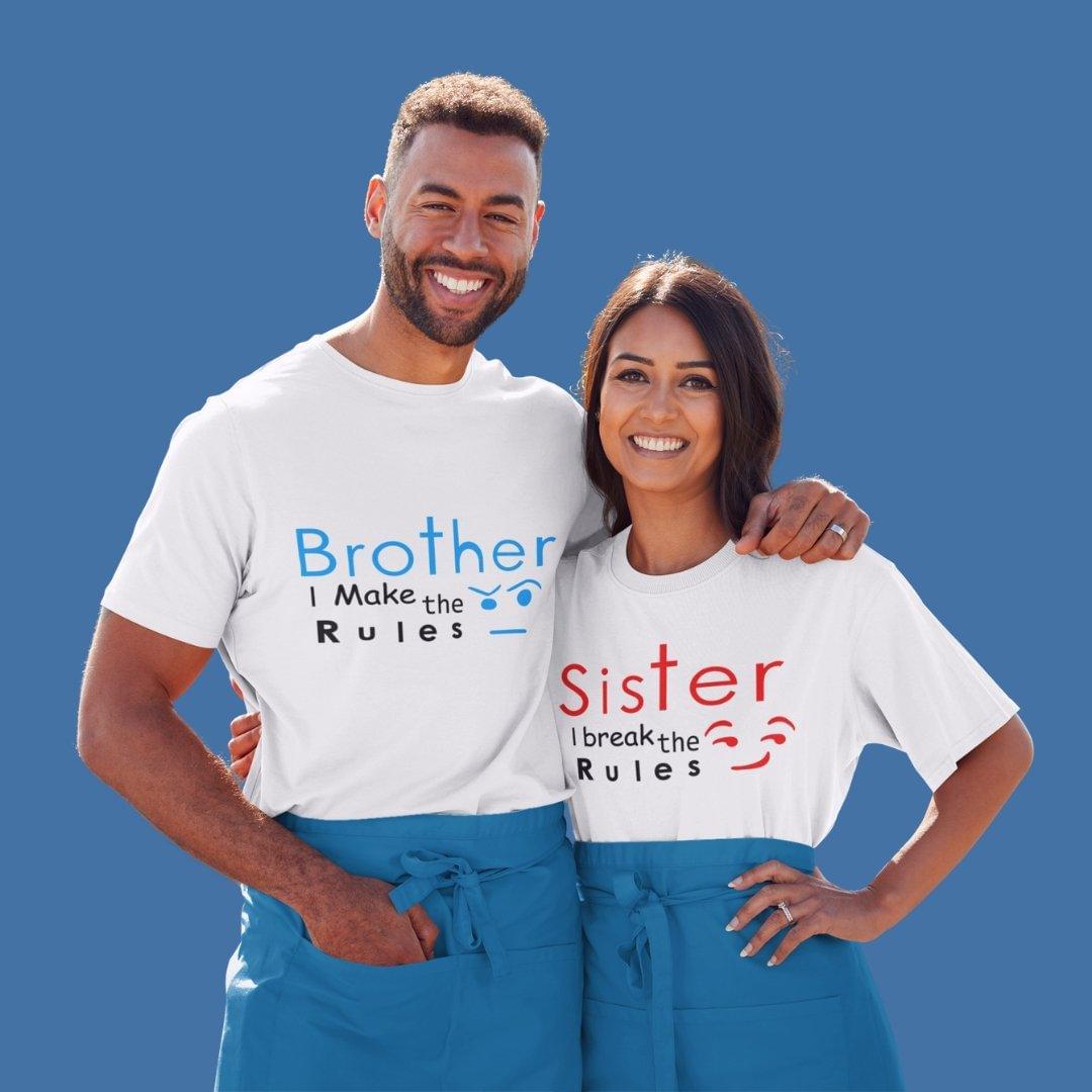 Sibling T Shirt for Adult Brother and Sister in White Colour - Brother Makes The Rules Sister Breaks The Rules Variant