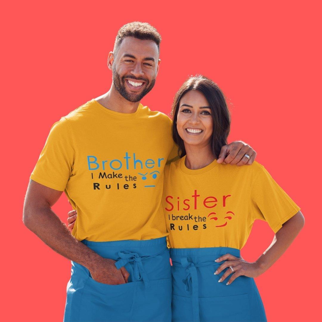 Sibling T Shirt for Adult Brother and Sister in Yellow Colour - Brother Makes The Rules Sister Breaks The Rules Variant