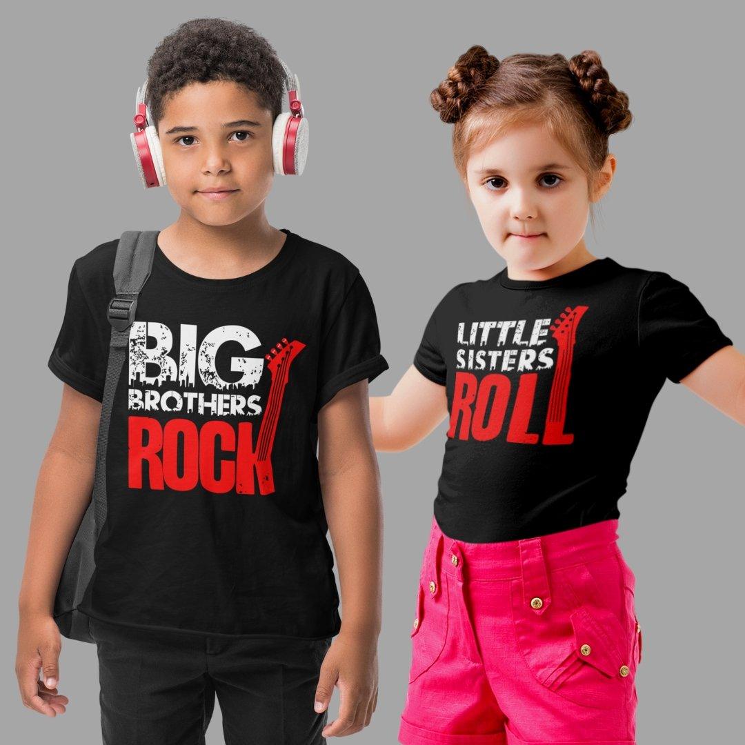 Sibling T Shirt for Kids Brother and Sister in Black Colour - Big Brother Rocks Little Sister Rolls