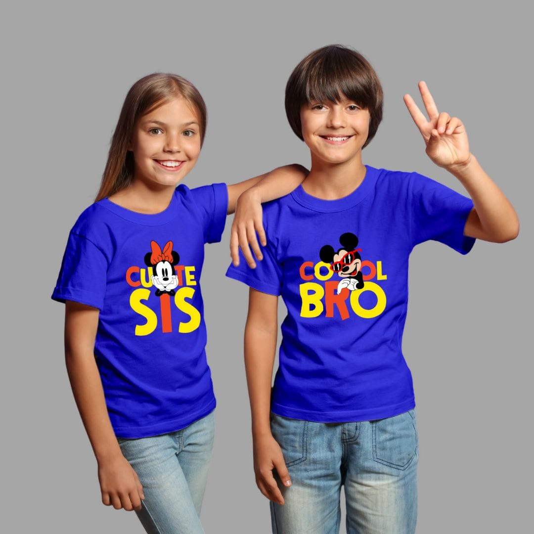 Sibling T Shirt for Kids Brother and Sister in Blue Colour - Cute Sis Cool Bro Variant