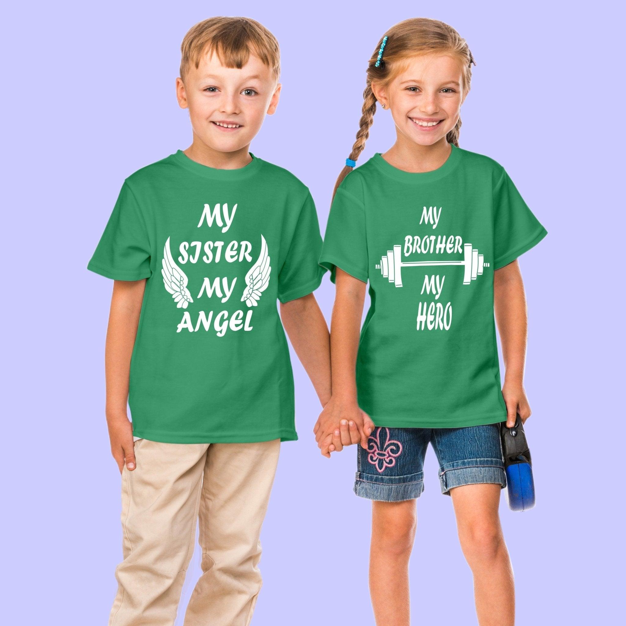 Sibling T Shirt for Kids Brother and Sister in Green Colour - My Sister My Angel My Brother My Hero Variant