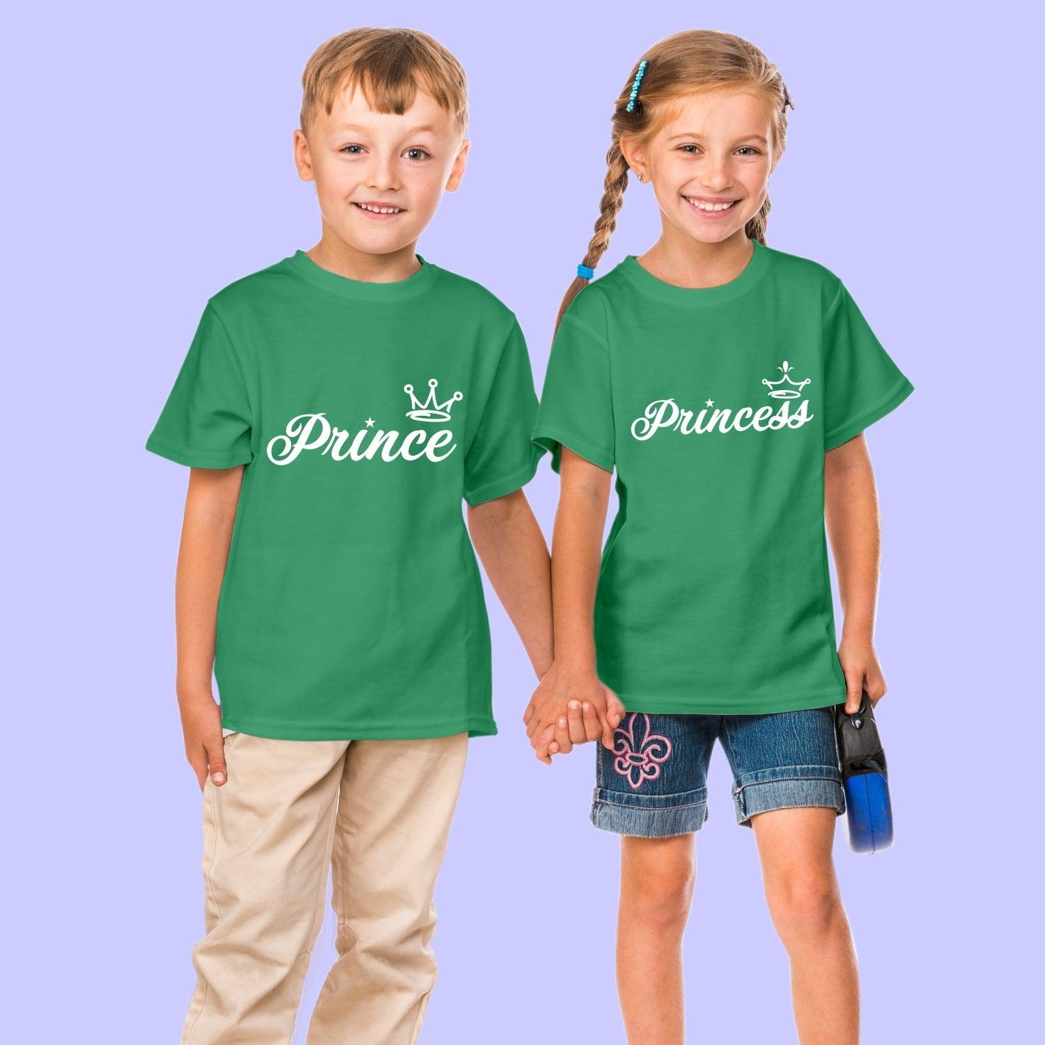 Sibling T Shirt for Kids Brother and Sister in Green Colour - Prince Princess Variant