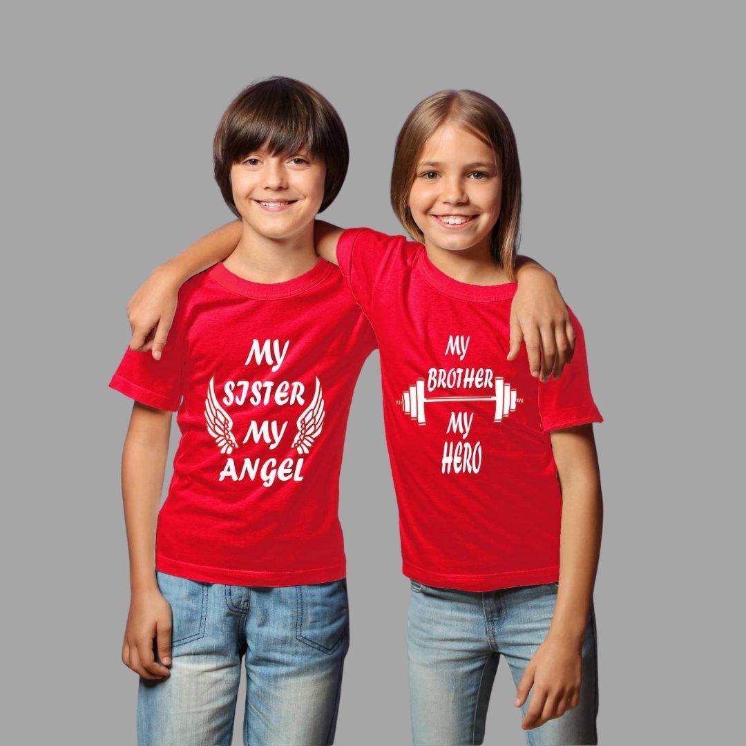 Sibling T Shirt for Kids Brother and Sister in Red Colour - My Sister My Angel My Brother My Hero Variant