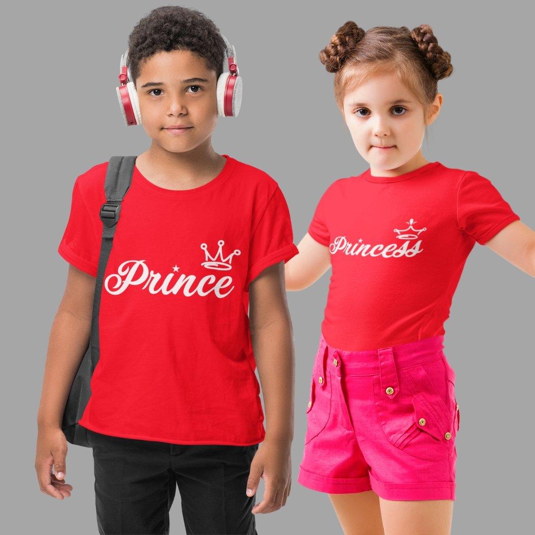 Sibling T Shirt for Kids Brother and Sister in Red Colour - Prince Princess Variant