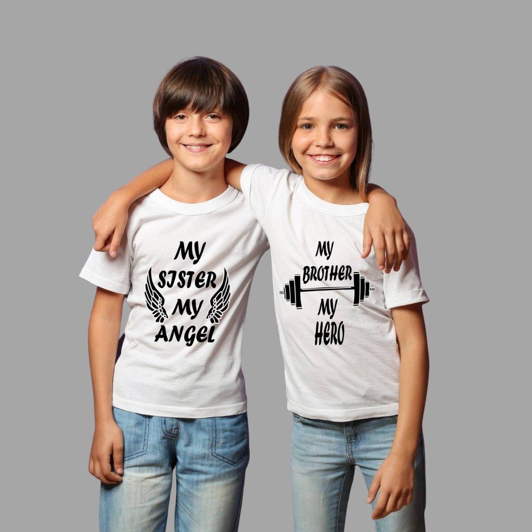 Sibling T Shirt for Kids Brother and Sister in White Colour - My Sister My Angel My Brother My Hero Variant