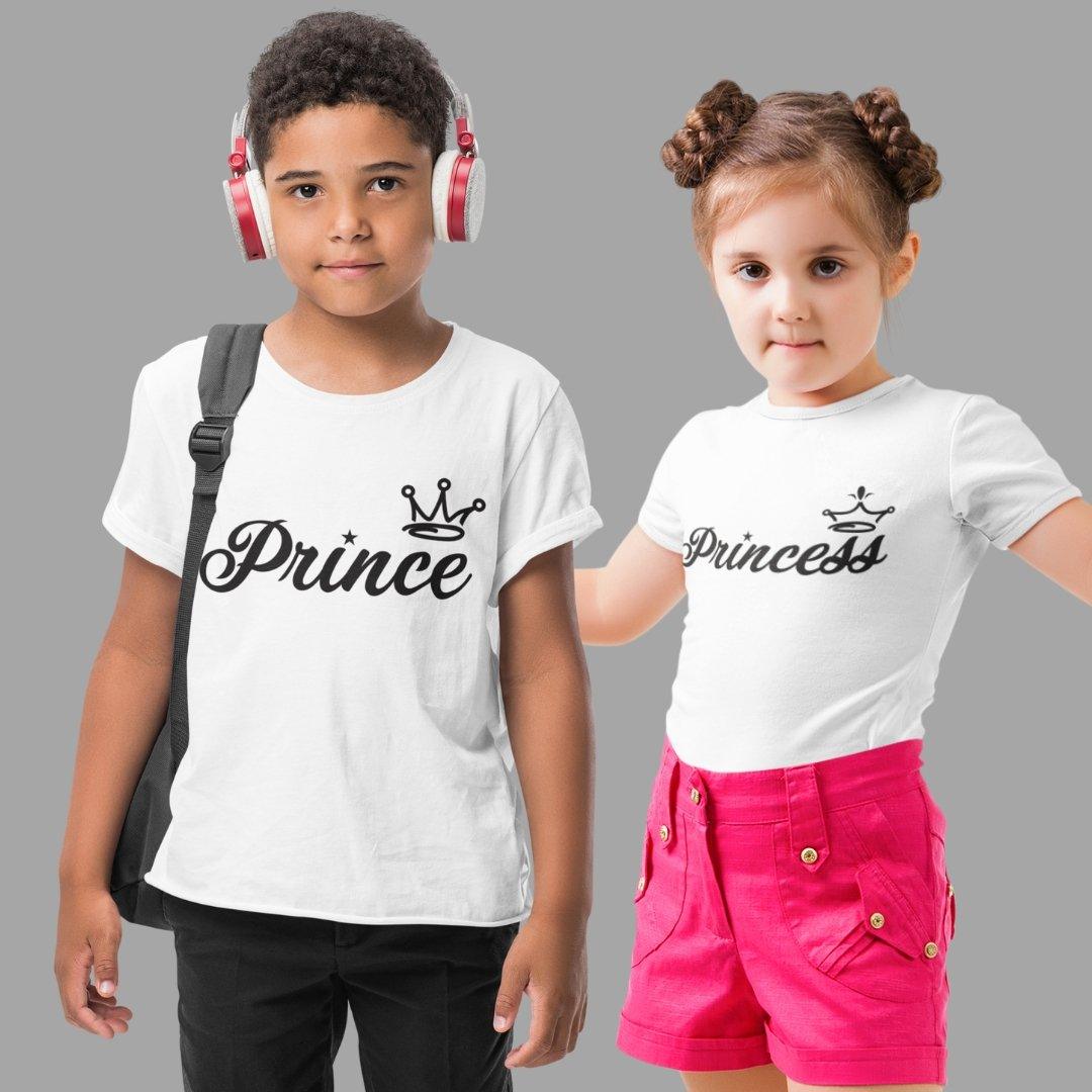 Sibling T Shirt for Kids Brother and Sister in White Colour - Prince Princess Variant