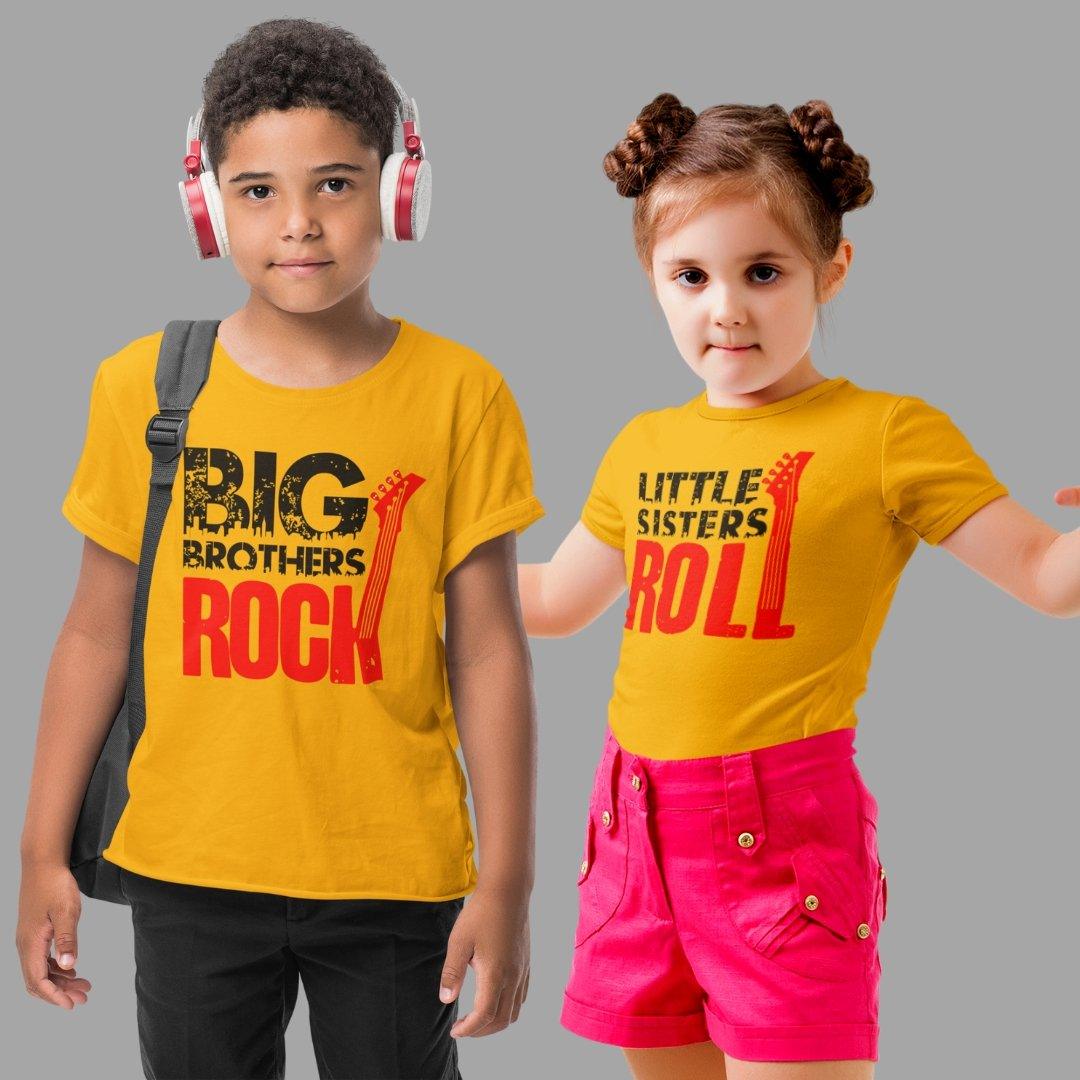 Sibling T Shirt for Kids Brother and Sister in Yellow Colour - Big Brother Rocks Little Sister Rolls