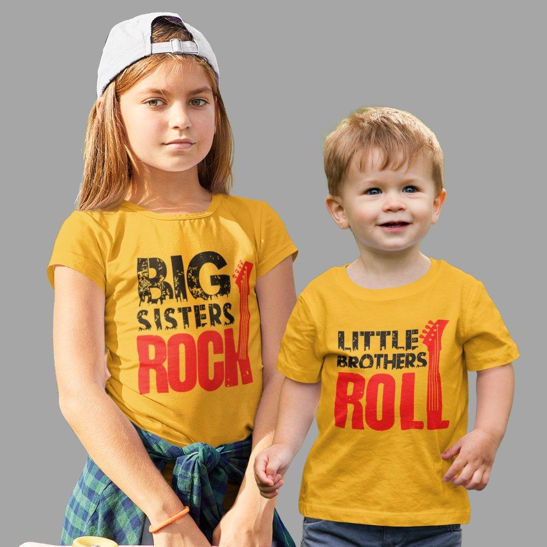 Sibling T Shirt for Kids Brother and Sister in Yellow Colour - Big Sister Rocks little Brother Rools