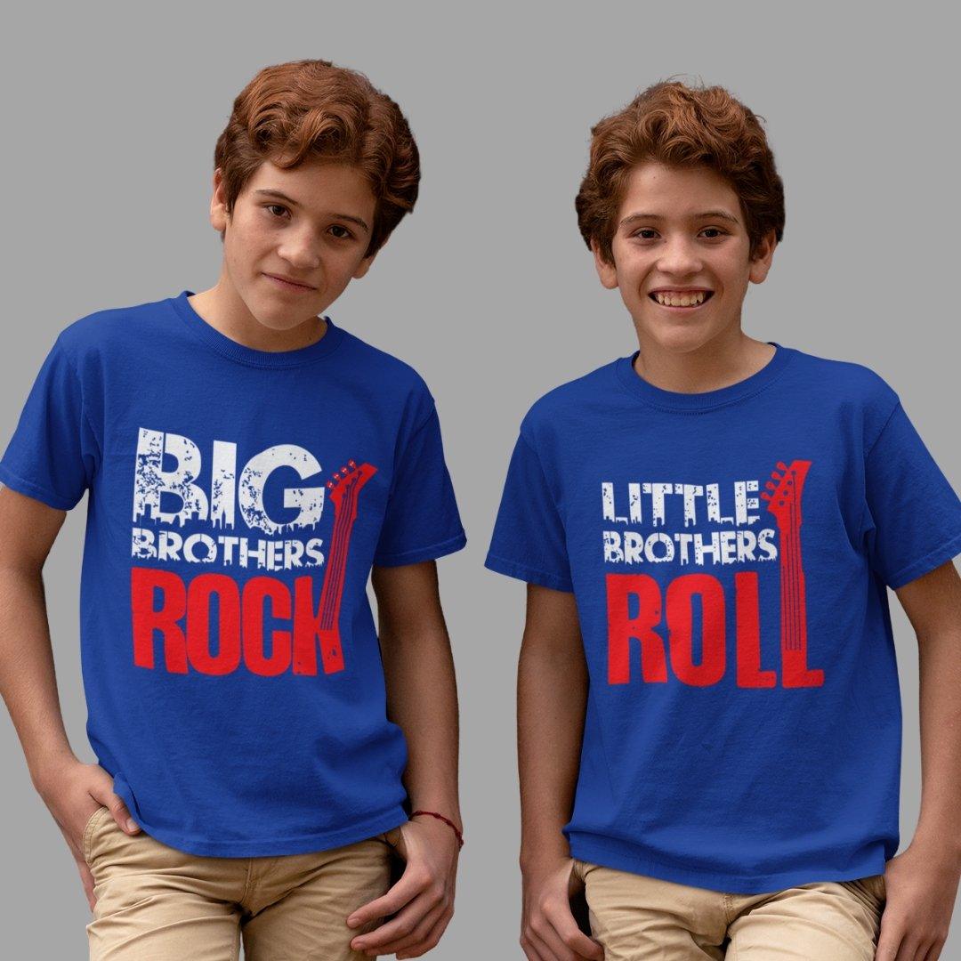 Sibling T Shirt for Kids Brothers in Blue Colour - Big Brother Rocks Little Brother Rools