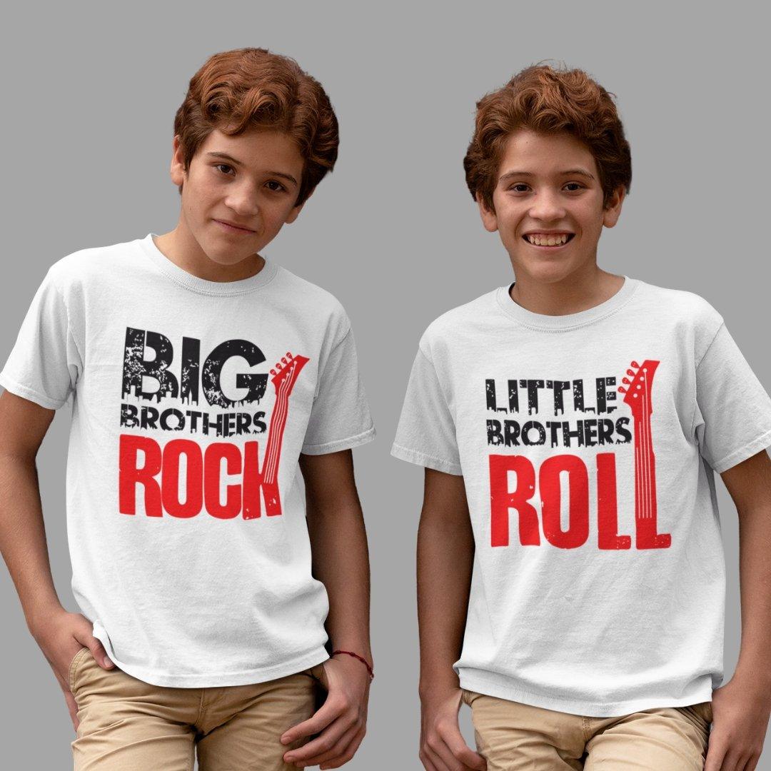 Sibling T Shirt for Kids Brothers in White Colour - Big Brother Rocks Little Brother Rools