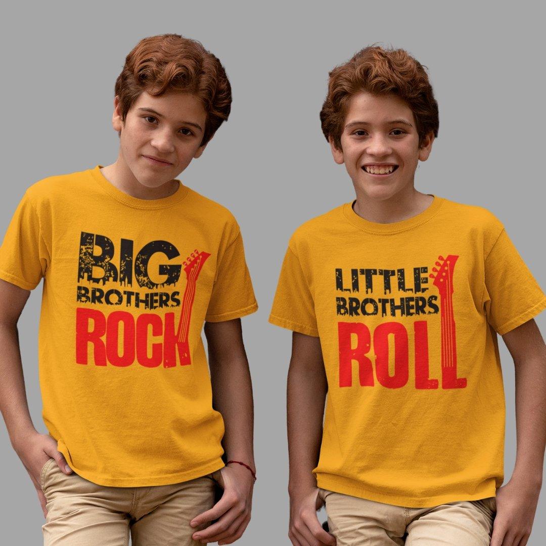 Sibling T Shirt for Kids Brothers in Yellow Colour - Big Brother Rocks Little Brother Rools