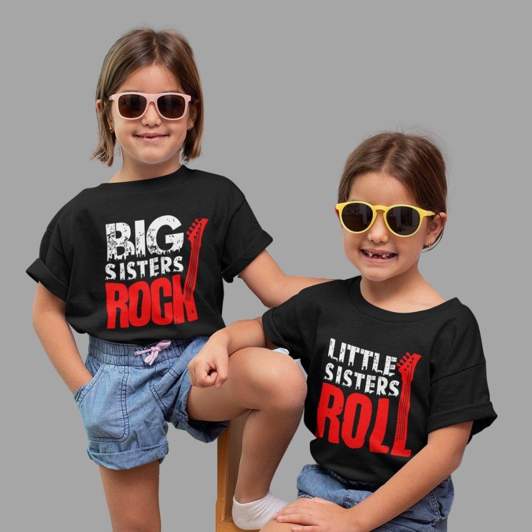 Sibling T Shirt for Kids Sisters in Black Colour - Big Sister Rocks Little Sister Rolls Variant