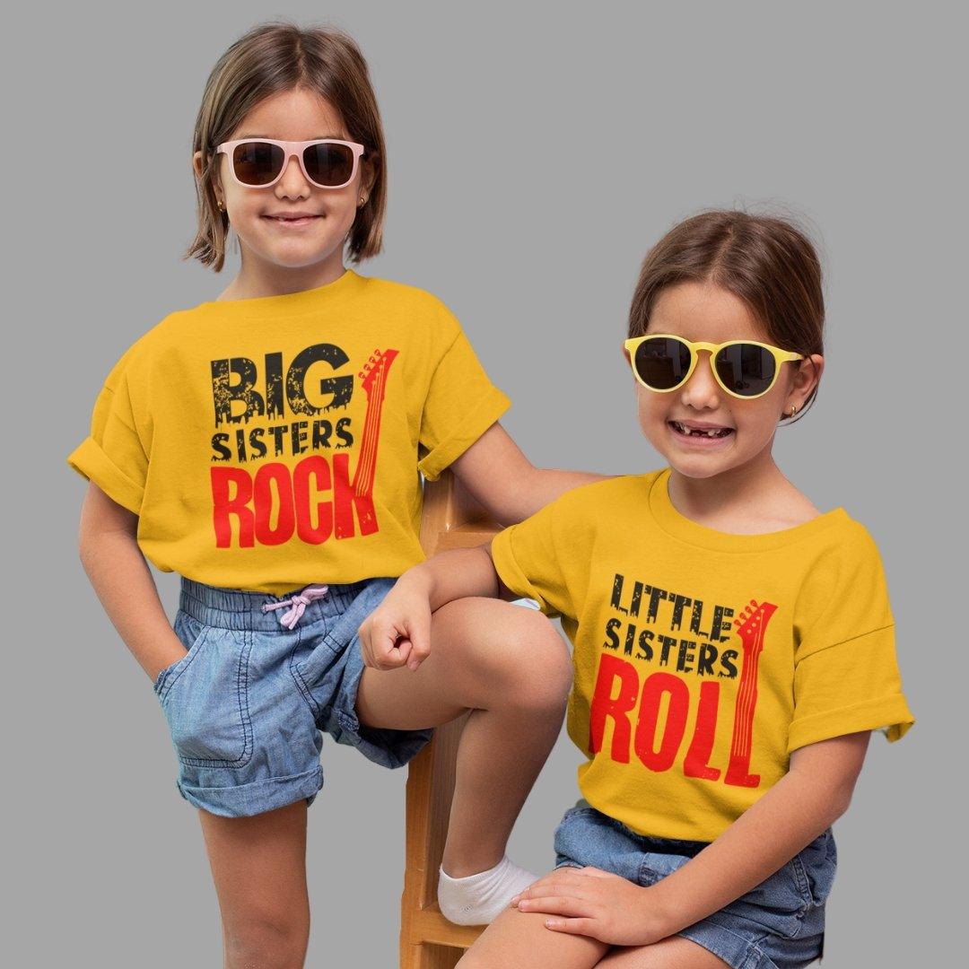 Sibling T Shirt for Kids Sisters in Yellow Colour - Big Sister Rocks Little Sister Rolls Variant