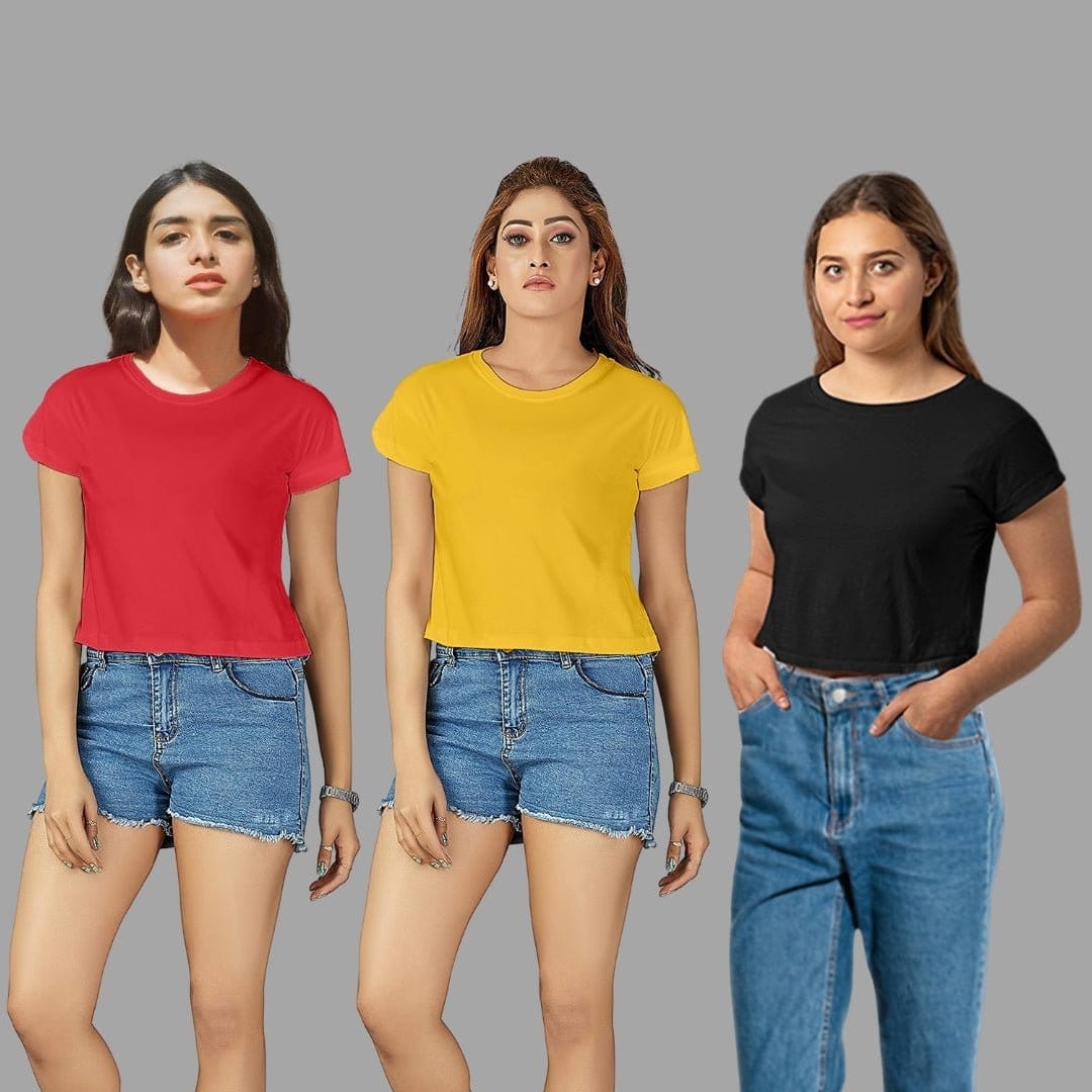 Solid Plain Crop Top Combo For Women In Red, Black And Yellow Colour