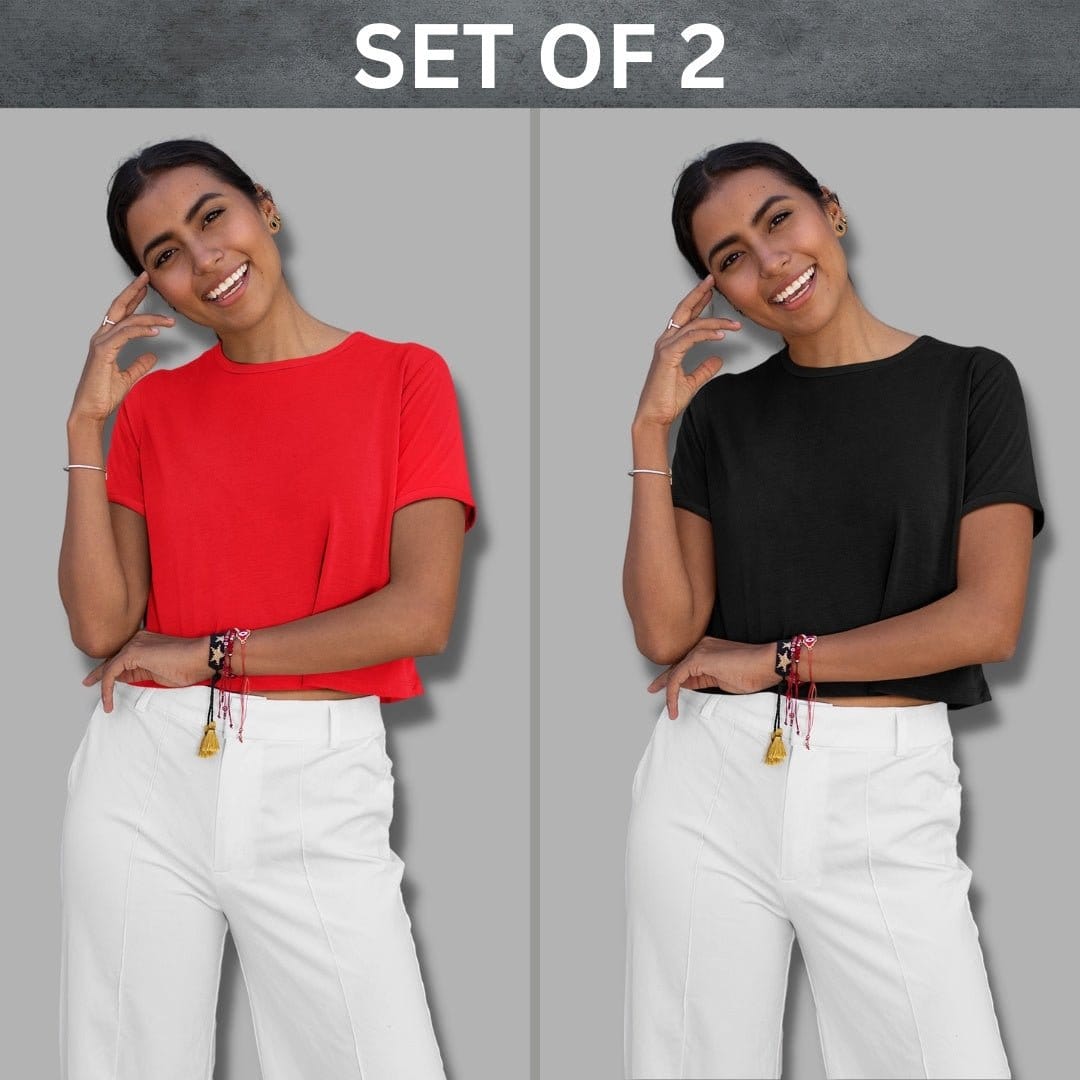 Solid Plain Crop Top Combo Set Of 2 For Women In Red And Black Colour