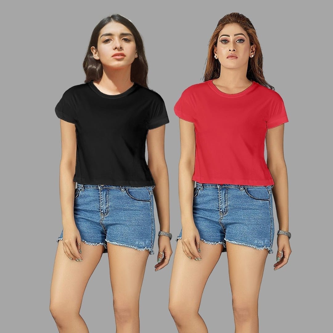 Solid Plain Crop Top Combo Set Of 2 For Women In Red And Black Colour Variant