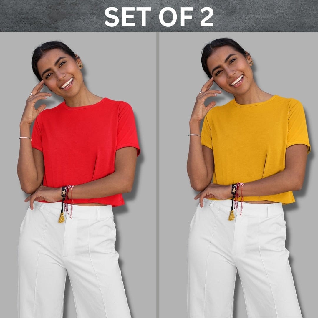 Solid Plain Crop Top Combo Set Of 2 For Women In Red And Yellow Colour
