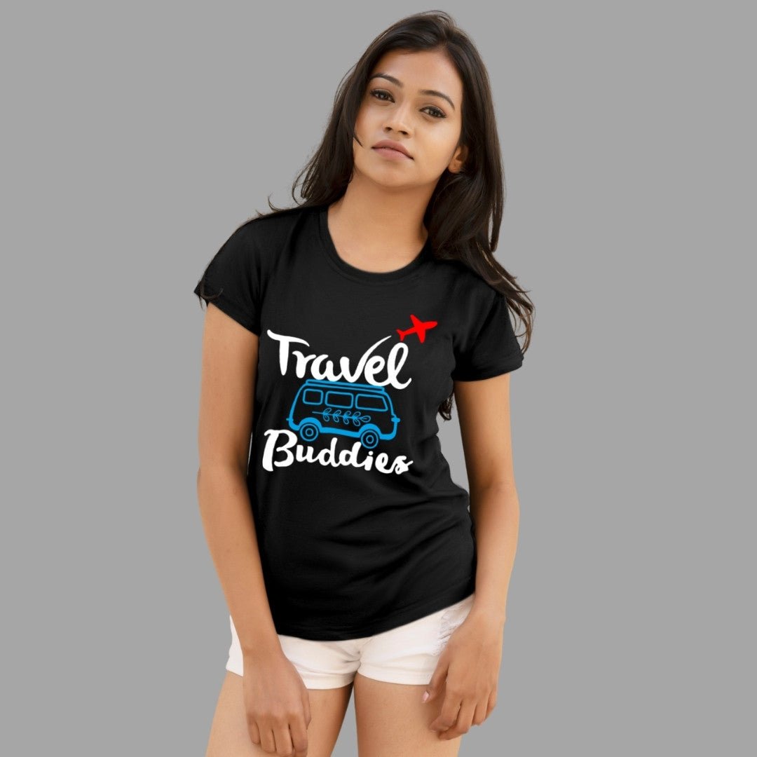 Printed Graphic T Shirt For Women In Black Colour -Travel Buddies Variant
