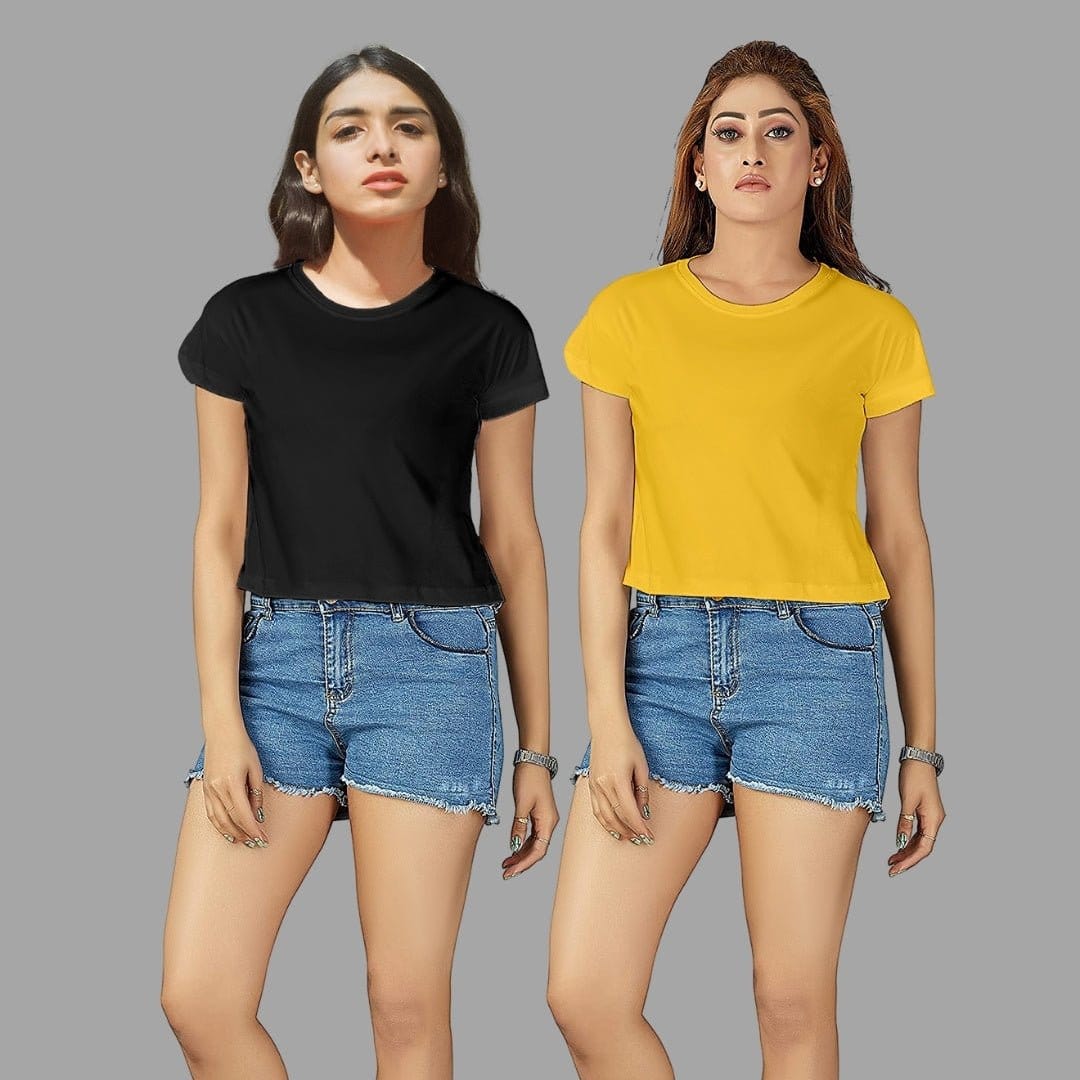 Solid Plain Crop Top Combo Set Of 2 in Yellow and Black Colour